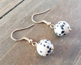 Natural Dalmatian Stone Earrings- 18k Gold Real Stone Jasper Earrings- Black and Beige Speckled Stone Dalmatian Jasper Polka Dot Earrings