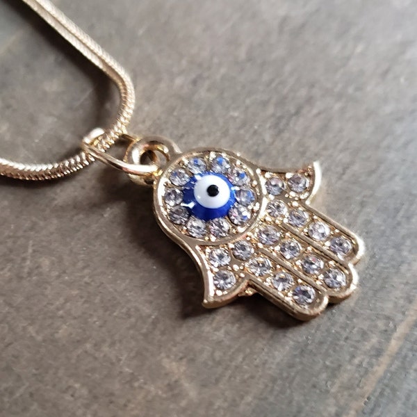 Gold Hamsa Evil Eye Hand Necklace- 18k Gold Protection Amulet Ward Evil Eye Hand Necklace- Blue Evil Eye Hamsa Hand Jewelry- Gold Evil Eye