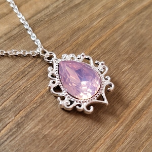 Pink Water Opal Baroque Necklace- 925 Sterling Silver Handmade Iridescent Pastel Pink Glass Acrylic Rhinestone Vintage Baroque Pendant