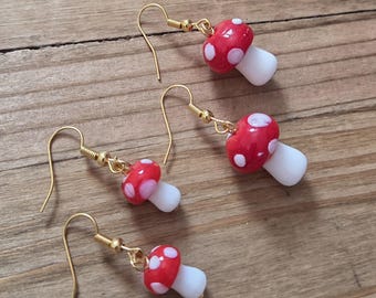 Whimsical Red Glass Mushroom Earrings- 18k Gold Handmade Glass Red Magic Mushroom Dainty Fall Autumn Forager Fairy Cottagecore Earrings