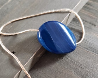 Blue Striped Agate Oval Necklace- 18k Gold Chain Blue Banded Stone Handmade Necklace- Real Stone Banded Blue Fire Agate Crystal Ocal Pendant