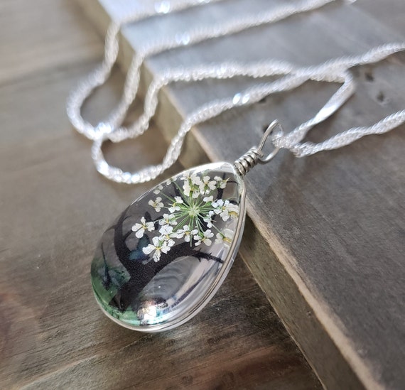White Blossom Tree Dried Flower Resin 925 Sterling Silver Water