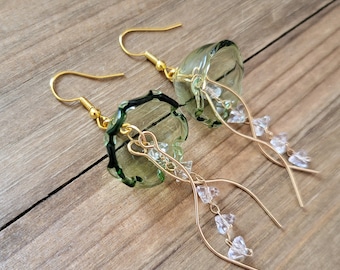 Olive Green Jellyfish Earrings- 18k Gold Glass Jellyfish Dangle Earrings- Summer Green Jelly Fish Ocean Sea Life Nautical Crystal Earrings