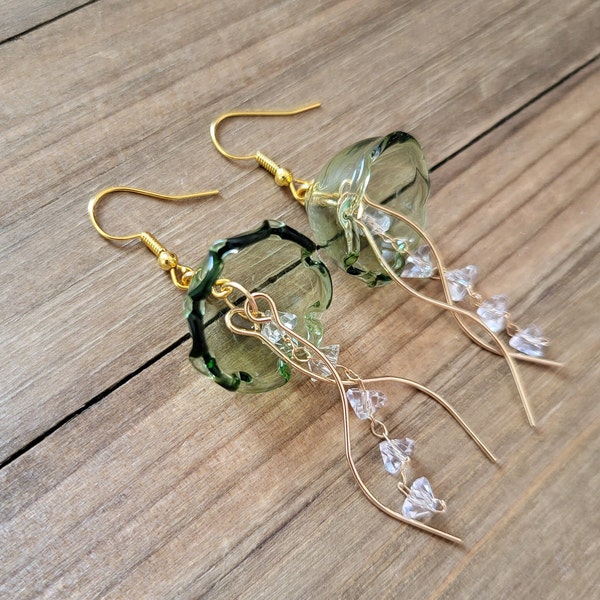 Olive Green Jellyfish Earrings- 18k Gold Glass Jellyfish Dangle Earrings- Summer Green Jelly Fish Ocean Sea Life Nautical Crystal Earrings