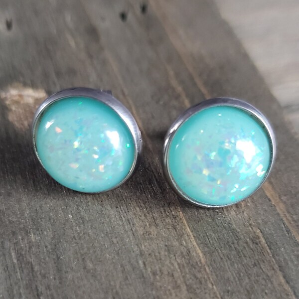 CLEARANCE- Mint Green Opal Stone Stud Earrings- 925 Sterling Silver Handmade Opal Earrings Iridescent Crystal Green Stone Post Stud Earrings