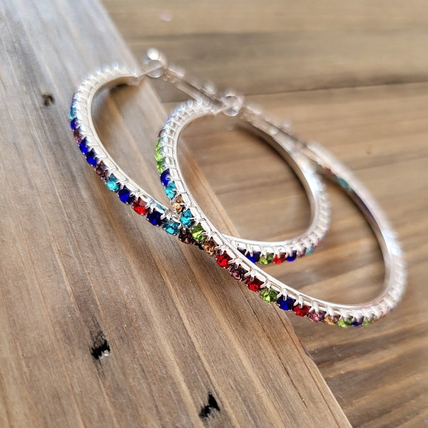 Rainbow Silver Hoop Earrings 925 Sterling Silver Handmade Rainbow Rhinestone Studded Earrings Rainbow Crystal LGBTQ Pride Statement Earrings