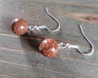 Orange Goldstone Earrings- 925 Sterling Silver Real Stone Earrings- Gold Sparkly Desert Stone- Dainty 10mm Sandstone Bead Galaxy Earrings