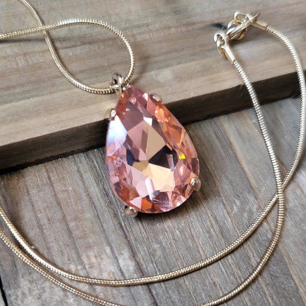 18k Gold Champagne Crystal Necklace- Handmade Real Stone Peach Zircon Teardrop Stone Sweet Champagne Pear Stone Light Pink Peach Pendant