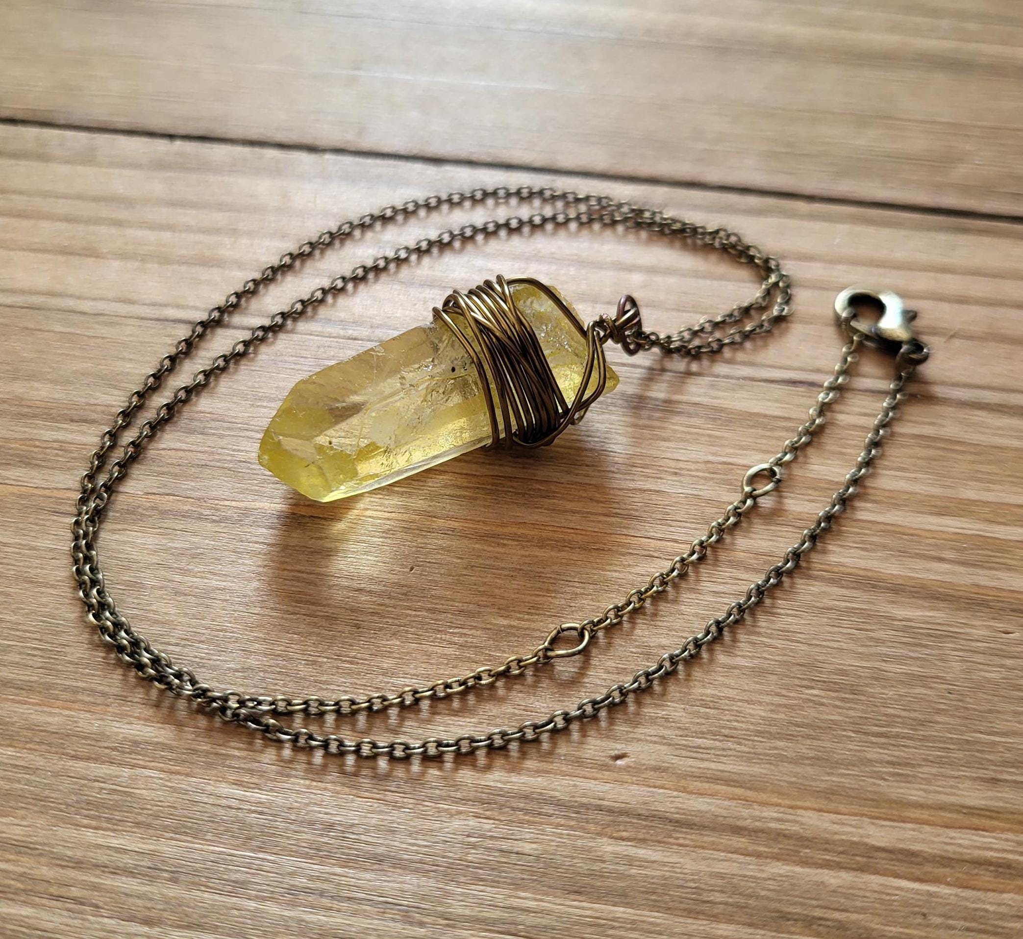 Raw Yellow Quartz Natural Stone Necklace- Antique Bronze Wire