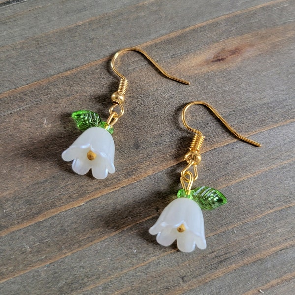 White Lily of the Valley Flower Earrings- 18k Gold Handmade Resin Glazed White Bell May Lily Flower- Iridescent Pearl Floral Drop Earrings