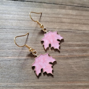 Pink Maple Leaf Earrings- 18k Gold Leaf Handmade Autumn Leaves Fall Earrings  Light Pink Resin Filled Maple Green Leaf Seasonal Earrings