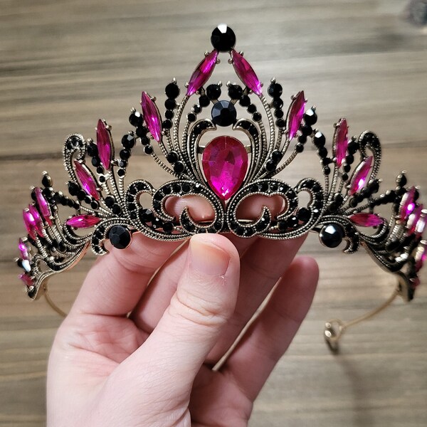 Black Magenta Pink Iridescent Cubic Zirconia Crystal Tiara 18k Gold Fantasy Crown Elven Cosplay Tiara Pink Black Rhinestone Dark Gold Crown