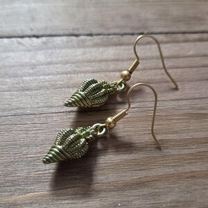 Olive Green Conch Shell Earrings- 18k Gold Shell Earrings- Green Summer Gold Beach Sandy Seashell Spiral Conch Ocean Nautical Earrings