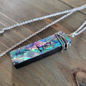 Silver Wire Wrapped Blue Simulated Abalone Shell Crystal Necklace- 925 Sterling Silver Wire Wrapped Handmade Resin Abalone Shell Bar Pendant