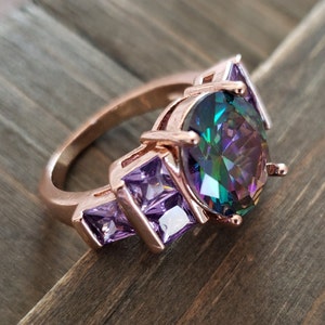 Rose Gold Purple Rainbow Cubic Zirconia Crystal Ring- Rose Gold Handmade Crystal Ring Real Stone Rainbow Crystal Rose Gold Ring- Size 7 Ring