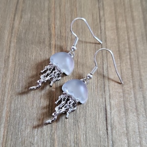 Silver Jellyfish Earrings- 925 Sterling Silver Glass Jellyfish Dangle Earrings- Summer Clear Frosted Sea Glass Jelly Fish Ocean Sea Earrings