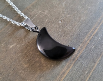 Black Moon Crystal Necklace- Handmade 925 Sterling Silver Glass Crescent Half Moon Gothic Victorian Vampire Necklace Black Goth Moon Pendant