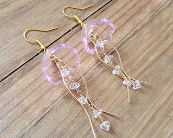 Light Pink Jellyfish Earrings 18k Gold Glass Jellyfish Dangle Earrings Summer Beach Pink Jelly Fish Ocean Sea Life Nautical Crystal Earrings