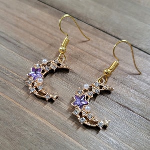 Gold Crescent Moon Purple Crystal Earrings- Witch Astrology Gold Moon Purple Star Crystal Earrings- Crystal Star Rhinestone Studded Earrings