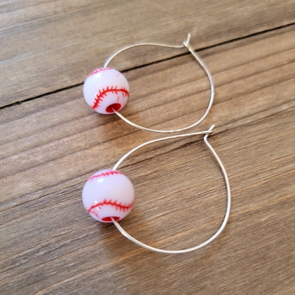 Baseball Beaded Hoop Earrings- Silver Wire Hoop Earrings- Handmade Plastic Baseball Bead Hoop Earrings White Bead Red Stitch Sports Earrings