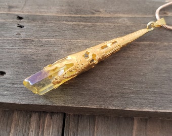 Gekooide ruwe Aura gele kwarts natuursteen ketting 18k gouden ketting-handgemaakte echte kristallen hanger ruwe steen Fairy Amulet Elven ketting