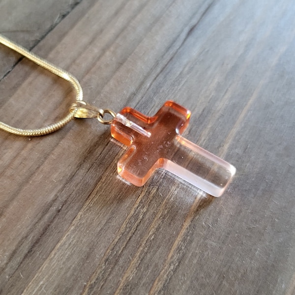 Orange And White Ombre Resin Crystal Cross Necklace- 18k Gold Handmade Cross Resin Gradient Pendant- Pumpkin Orange Glass Cross Necklace