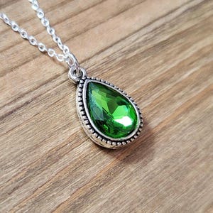Emerald Green Crystal Necklace- 925 Sterling Silver Handmade Iridescent Green Teardrop Crystal Necklace- Fairy Pendant Forest Necklace