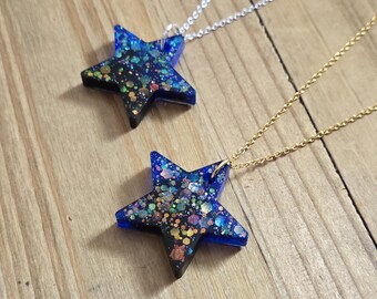 Cosmic Blue Black Star Necklace- 18k Gold 925 Sterling Silver Plated Black Royal Blue Resin Glitter Celestial Star Goth Witchy Necklace