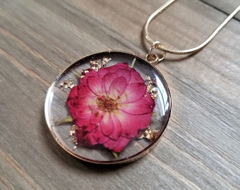 Rose Red Delphinium Pressed Flower Necklace- 18k Gold Preserved Dried Flower Handmade Rosey Red Succulent Flower Resin Circle Necklace