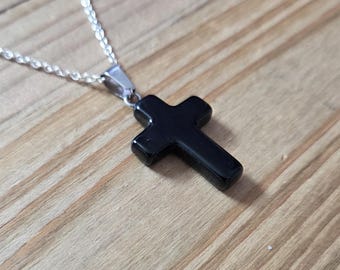 Onyx Black Glass Cross Necklace- 925 Sterling Silver Plated Handmade Celtic Gothic Cross Glass Pendant- Alt Emo Metalcore Religious Necklace