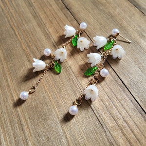 White Pearl Lily of the Valley Flower Earrings- 18k Gold Handmade Resin Glazed White Bell May Lily Iridescent Pearl Floral Drop Earrings