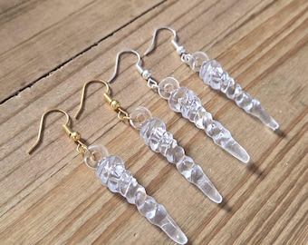 Twisted Icicle Earrings- 18k Gold 925 Sterling Silver Plated Handmade Resin Clear Winter Ice Dangling Holiday Winter Wonderland Earrings