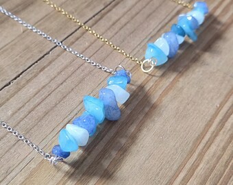 Aqua Quartz Crystal Strung Bead Necklace- Handmade 18k Gold 925 Sterling Silver Plated Blue Quartz Sea Pebble Chips Beach Water Necklace