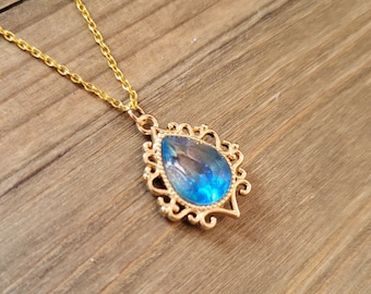 Light Sapphire Crystal Baroque Necklace- 18k Gold Handmade Iridescent Ombre Gradient Blue Glass Acrylic Rhinestone Vintage Baroque Pendant