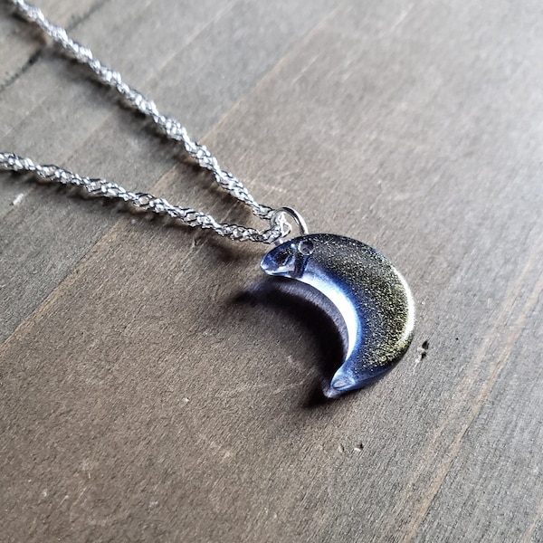 Midnight Blue Moon Crystal Necklace- Handmade 925 Sterling Silver Water Ripple Real Stone Crescent Half Moon Blue Glass Pendant Gold Shimmer