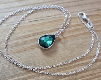Emerald Green Crystal Necklace- 925 Sterling Silver Handmade Iridescent Dark Green Teardrop Crystal Necklace- Fairy Pendant Forest Necklace