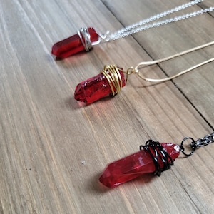 Raw Red Quartz Natural Stone Necklace- 925 Sterling Silver 18k Gold Handmade Wire Wrapped Crystal Blood Red Stone Quartz Chunk Goth Necklace