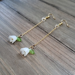 White Lily of the Valley Flower Earrings- 18k Gold Handmade Resin Glazed White Bell May Lily Flower- Iridescent Pearl Floral Drop Earrings