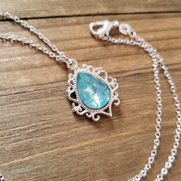 Blue Water Opal Baroque Necklace- 925 Sterling Silver Handmade Iridescent Pastel Blue Glass Acrylic Rhinestone Vintage Baroque Pendant