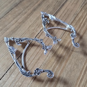 Silver Floral Vine Woodland Fairy Elf Earcuffs- Handmade Silver Floral Elven Earrings Wrap Around Ear Cuff Hippie Fairycore Ear Accessories