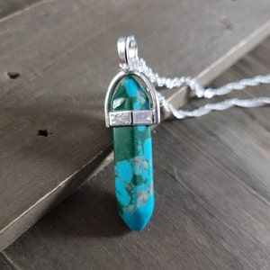 Ocean Marbled Agate Crystal Natural Stone Necklace- 925 Sterling Silver Water Ripple Hexagonal Handmade Blue Green Real Stone Necklace
