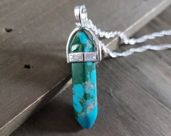 Ocean Marbled Agate Crystal Natural Stone Necklace- 925 Sterling Silver Water Ripple Hexagonal Handmade Blue Green Real Stone Necklace