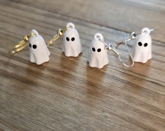 Spooky White Ghost Earrings- 18k Gold 925 Sterling Silver Plated White Ghost Spirit Halloween Earrings Dangling Cute Little Guys Baby Ghosts