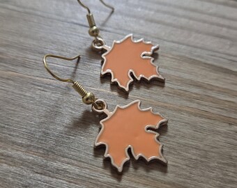 Orange Maple Leaf Earrings- 18k Gold Leaf Earrings- Handmade Autumn Leaves Fall Earrings Canadian Resin Filled Maple Leaf Seasonal Earrings