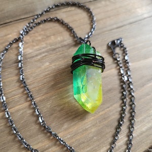 Black Wire Wrapped Green Aura Quartz Crystal Nugget Dark Silver Handmade Real Crystal Gunmetal Black Wire Emerald Green Quartz Necklace