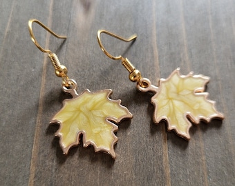 Yellow Maple Leaf Earrings- 18k Gold Leaf Earrings- Handmade Autumn Leaves Fall Earrings Canadian Resin Filled Maple Leaf Seasonal Earrings