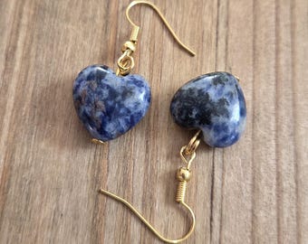 Blue Sodalite Stone Heart Earrings- 18k Gold Plated Crystal Heart Bead Earrings- Blue Speckled Heart Healing Stone Valentine's Day Earrings
