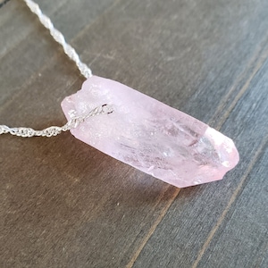 Raw Pink Rose Quartz Natural Stone Necklace- 925 Sterling Silver Water Ripple Handmade Real Crystal Pink Stone Quartz Chunk Rosey Necklace