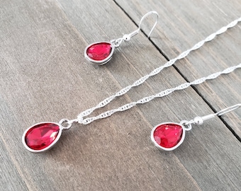 Conjunto de joyas de diamantes rojos románticos - Collar de ondas de agua de plata de ley 925 - Hecho a mano - Conjunto de collar y aretes de cristal rojo - Conjunto de joyas rojas