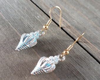 Blue Conch Shell Earrings- 18k Gold Shell Earrings- Summer Earrings- Gold and Blue Beach Sandy Seashell Spiral Conch Ocean Nautical Earrings